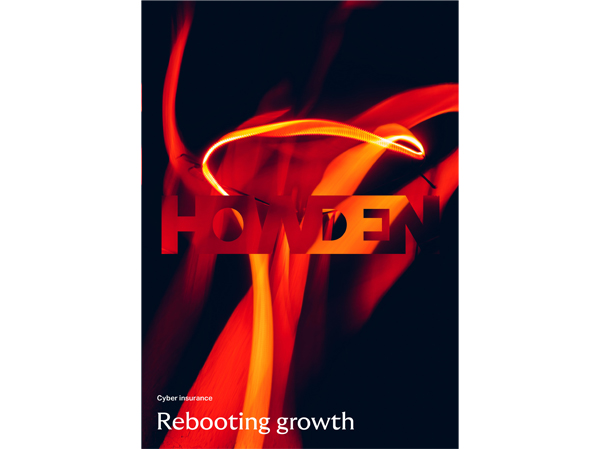 Red and black cover of Howden's 2025 cyber insurance report, titled Rebooting growth