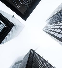 Upwards view of high-rise buildings 