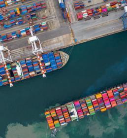 Overhead shot of cargo ship in dock